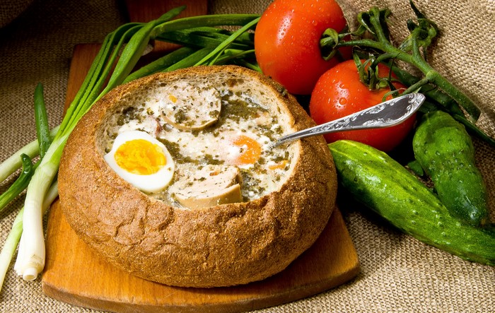 Soup in a Bread Bowl with Tomatoes, Cucumbers, and Eggs