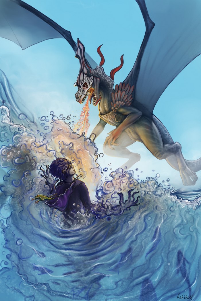 Dragon breathing fire at a person in water
