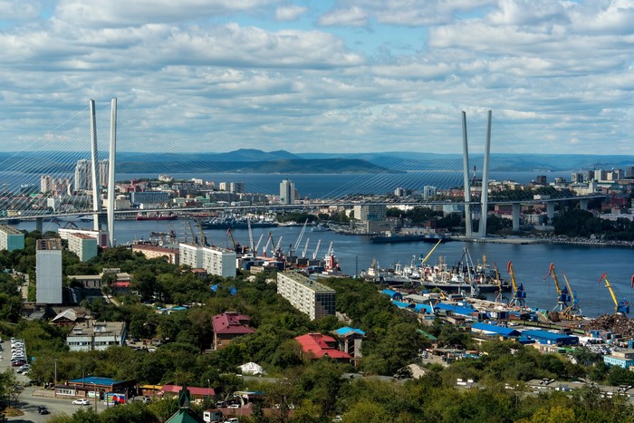 Vladivostok cityscape with Golden Horn Bay and bridges