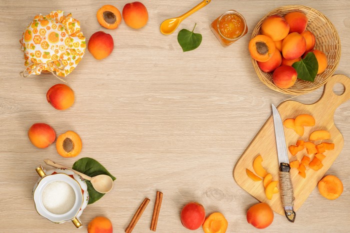 Apricots, Jam, Knife, and Cutting Board