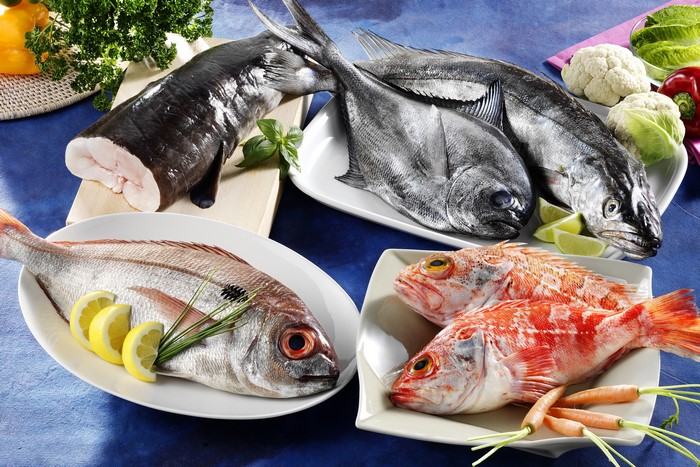 Assortment of fresh seafood and vegetables