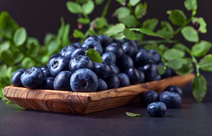 Blueberries in a wooden bowl with leaves