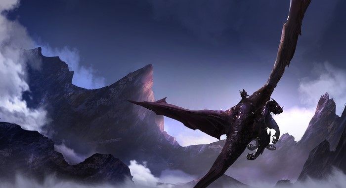 Dragon in flight over mountains
