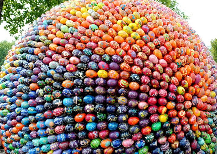 Giant Easter Egg Sculpture Decorated with Colorful Painted Eggs