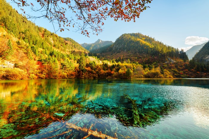 4K Jiuzhaigou Park Mountains Lake Autumn Forests Scenery