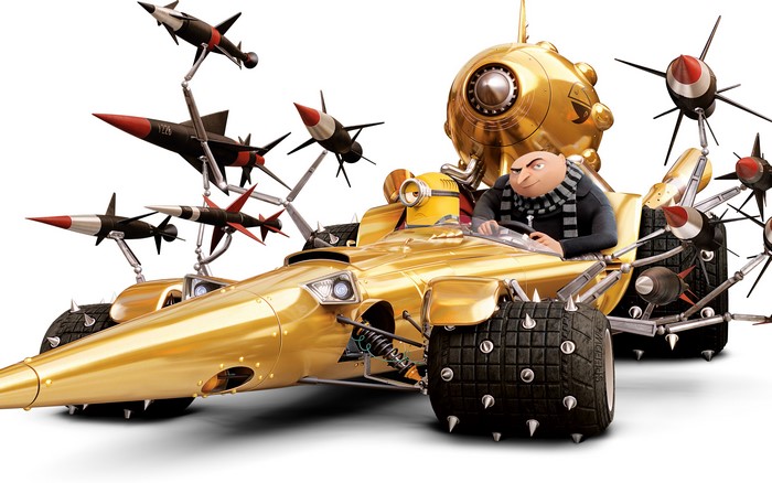 Gru from Despicable Me 3 in a golden rocket car
