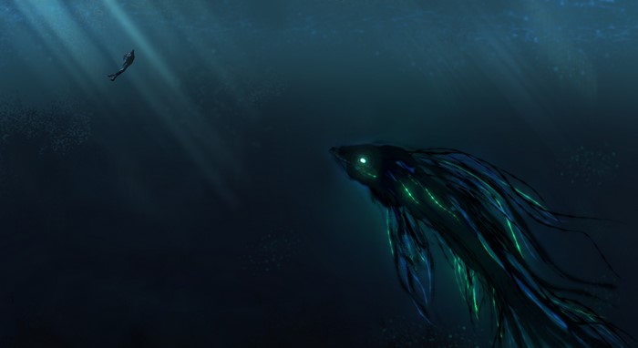 Diver encounters a bioluminescent sea creature