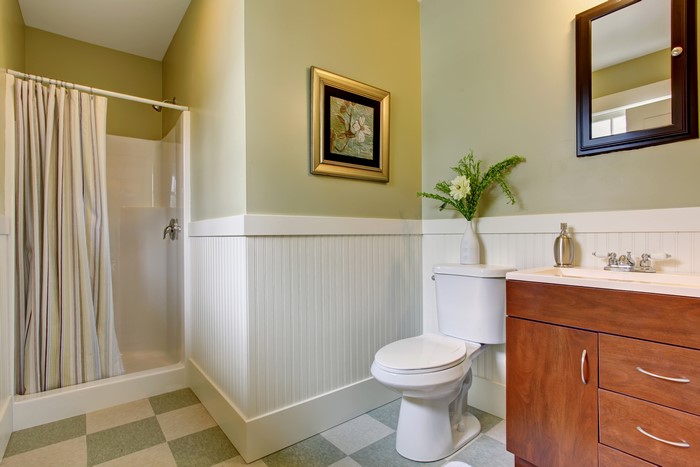 Bathroom with shower, toilet, and vanity