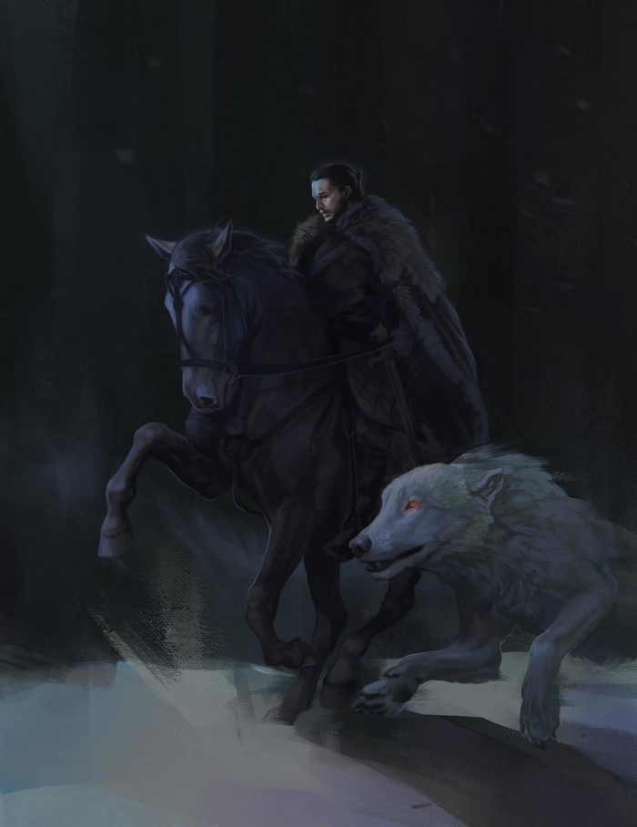Jon Snow from Game of Thrones on horseback with a wolf
