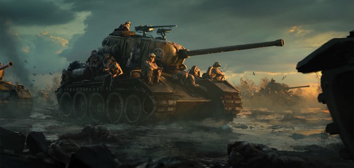 American soldiers on tanks in a war-torn landscape