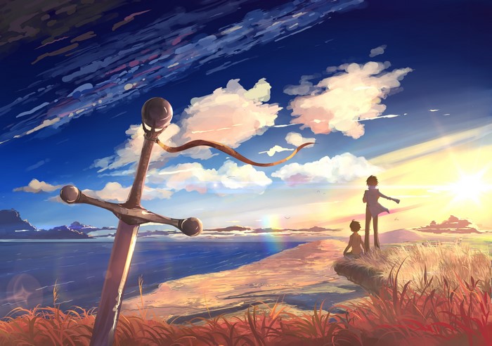 Two boys and a sword on a coast at sunset
