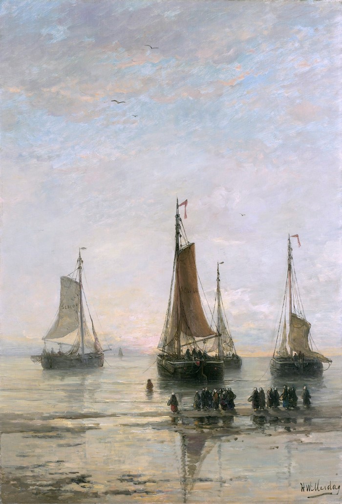 4K Bluff-Bowed Scheveningen Boats at Anchor by Hendrik Willem Mesdag