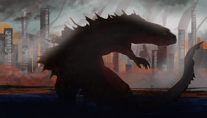 Godzilla in a destroyed city