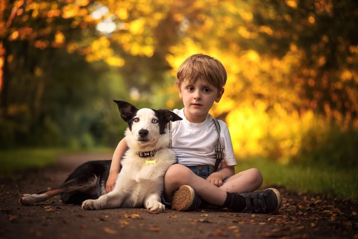 Boy and Border Collie Dog Sitting on Path