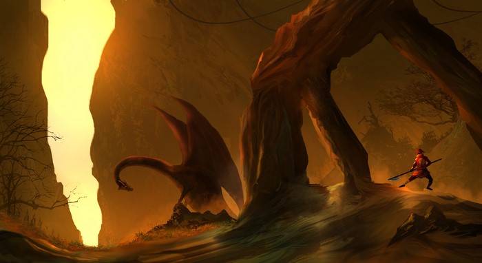 Dragon and Warrior in a Cave
