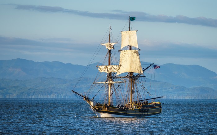 Tall ship sailing on the Columbia River, Oregon, USA
