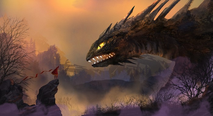 Dragon and girl with red ribbon
