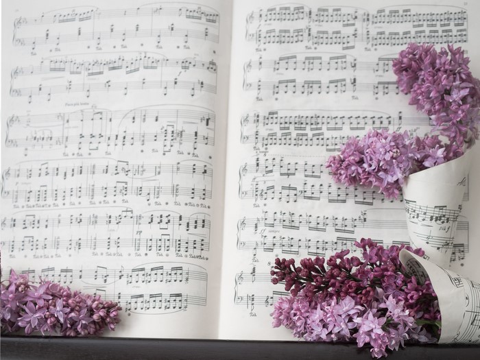 Sheet music with lilac flowers