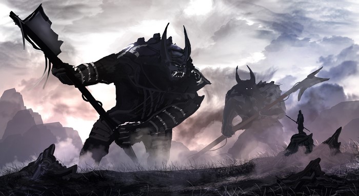 Two giant warriors with spears and a small figure