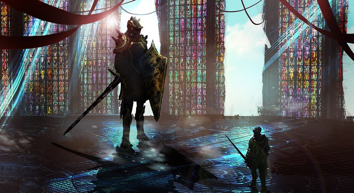 Knight with Sword and Shield in Stained Glass Cathedral