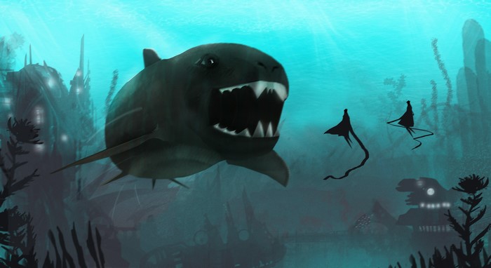 Underwater world with shark and alien city
