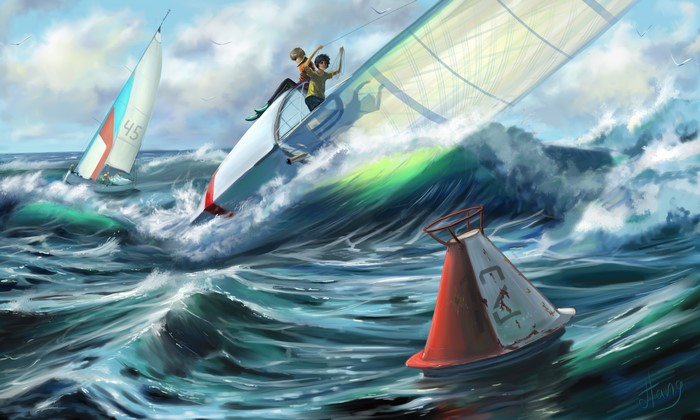 Two people sailing a boat through rough waves