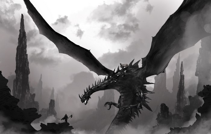 Dragon flying over rocky landscape with warrior