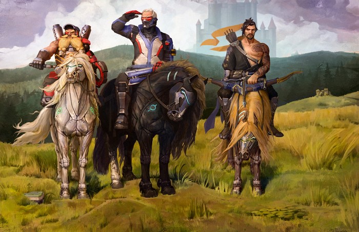 Hanzo, Bastion, and Torbjorn from Overwatch on horses