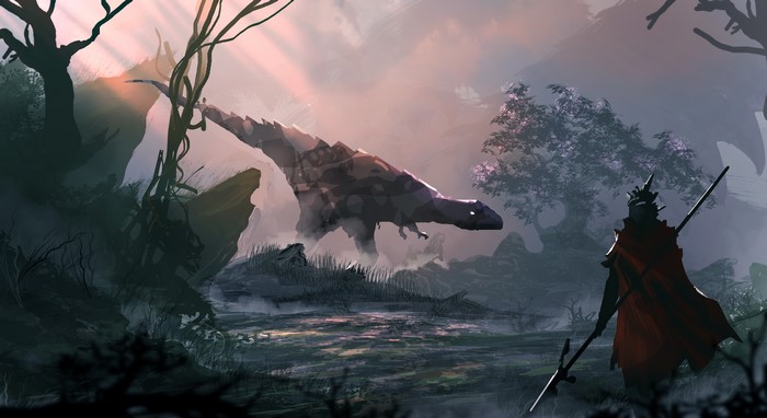Warrior with Spear faces Dinosaur in Misty Forest