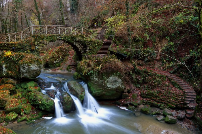 Cascade Schiessentumpel Mullerthal Luxembourg waterfall bridge