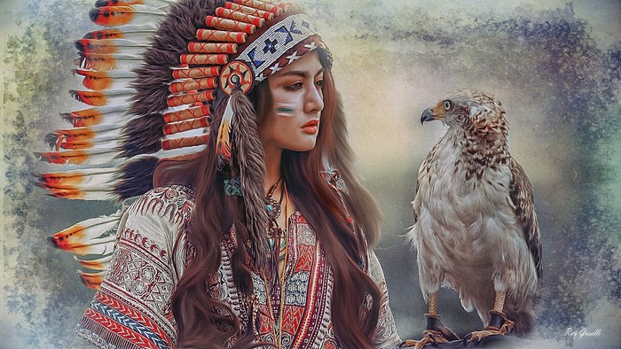 Native American woman with war bonnet and eagle