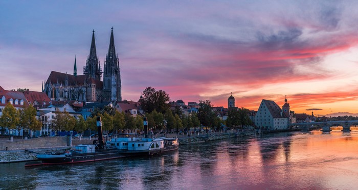 Regensburg Cathedral and riverfront at sunset