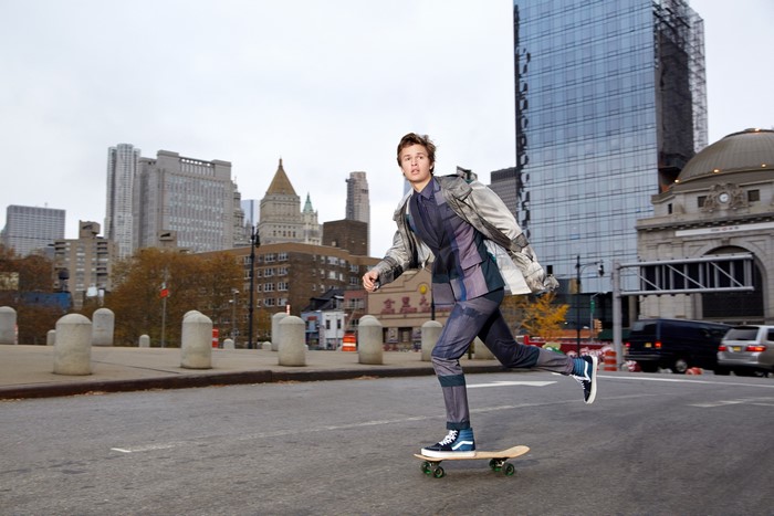 Ansel Elgort skateboarding in New York City