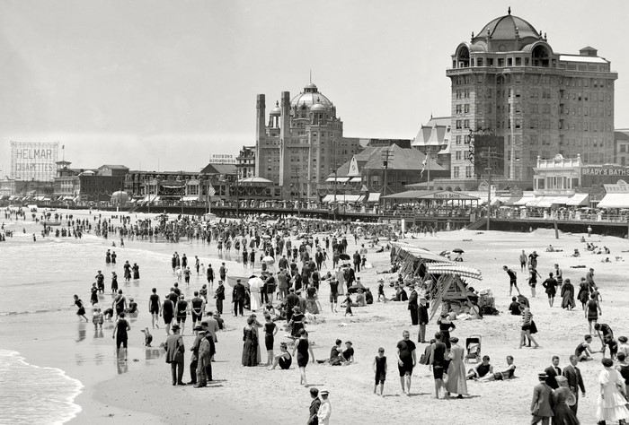 Crowded Beach with Boardwalk and Buildings, 1915