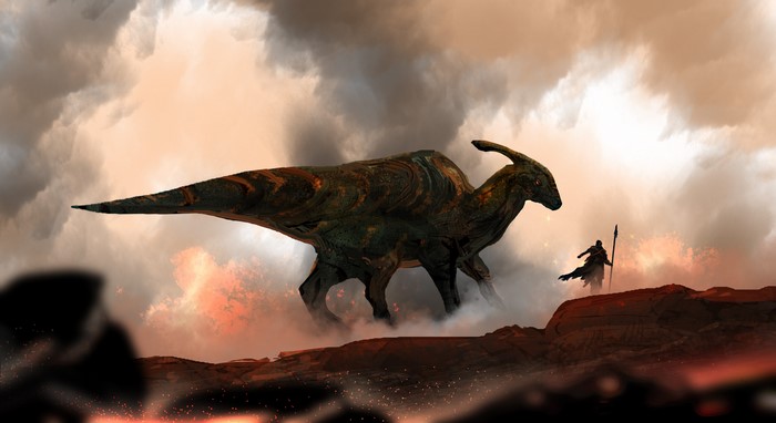 Dinosaur and Warrior in a Smoky Landscape