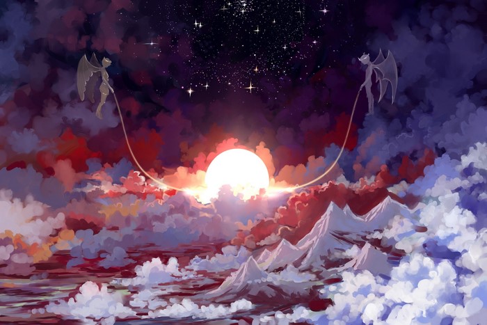 Angels and demons in a starry sky with a sleeping sun