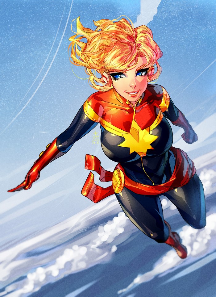 Captain Marvel from Heroes Comics flying through the sky