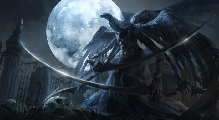 Bloodborne monster with wings and scythes under the moon