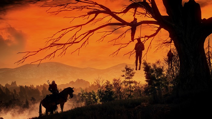 4K The Witcher 3 Wild Hunt: hanged bodies on a tree