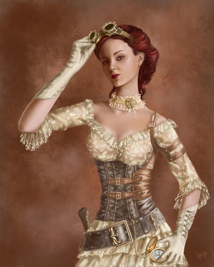 Steampunk redhead girl with goggles and corset