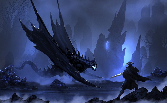 Dragon and Warrior in a Misty Landscape