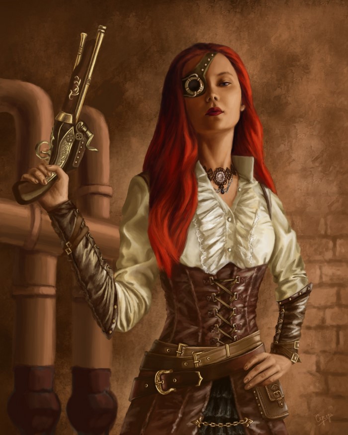 Steampunk redhead woman with pistol and eyepatch