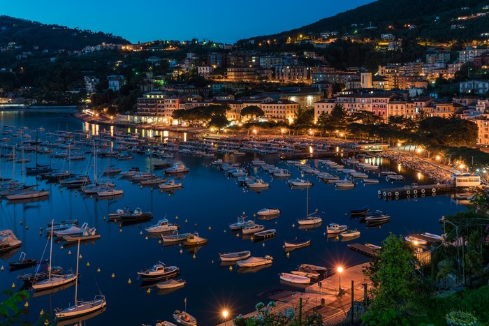 Boats in a harbor at night in Lerici, Italy