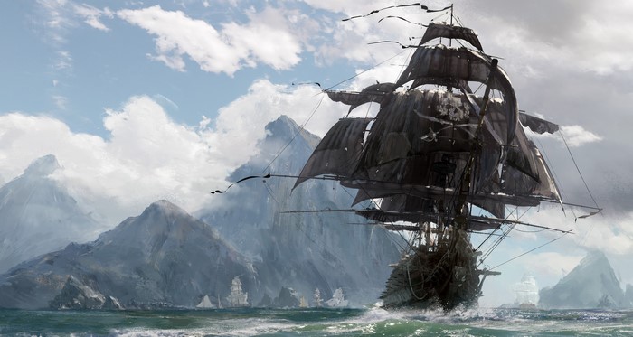 Pirate Ship with Skull and Bones Flag Sailing Near Mountains