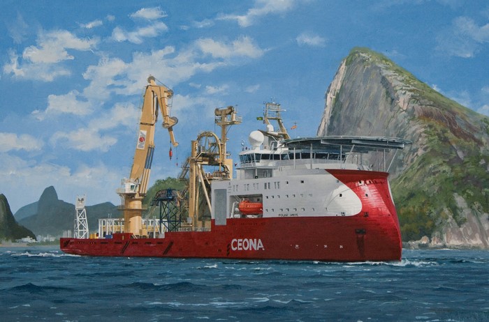 Painting of Ceona ship with cranes and mountains