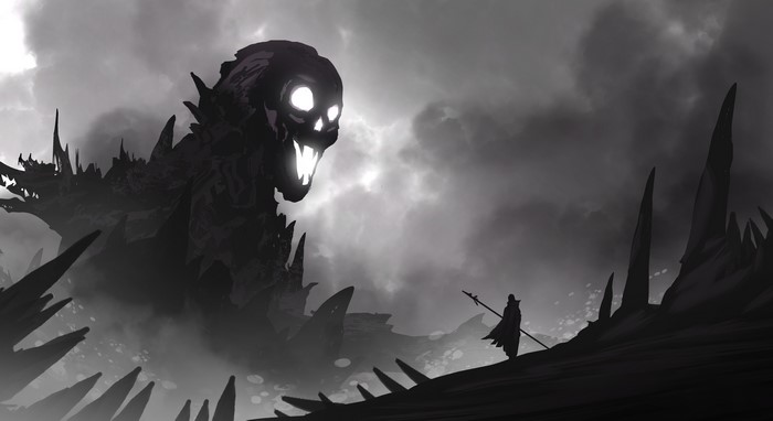 Monster and Warrior in a Black and White Landscape