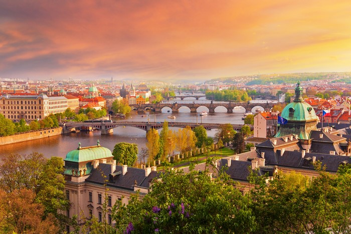 Prague, Czech Republic, River and Bridges at Sunrise