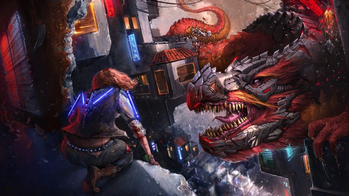 Woman facing a mechanical dragon in a futuristic city
