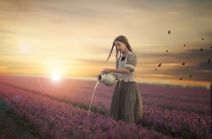 Girl watering flowers in a field at sunset