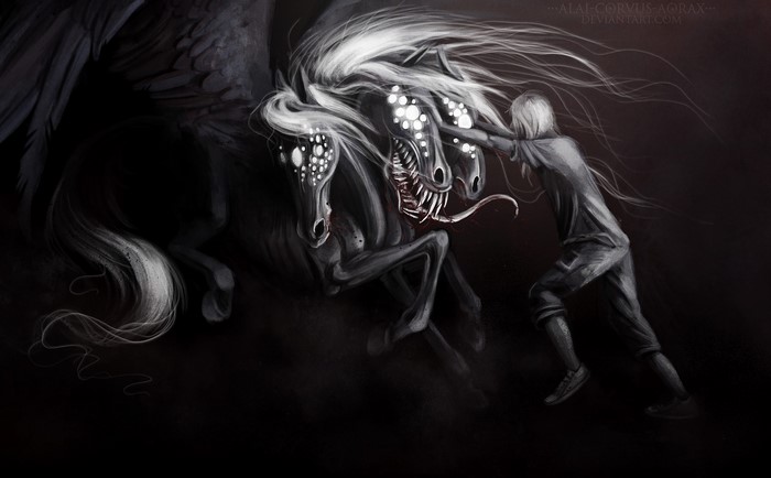 A person confronts a monstrous three-headed horse with wings